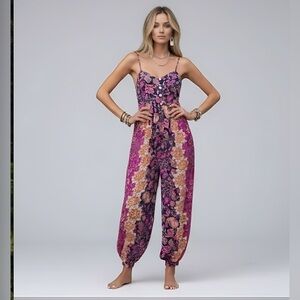 Boho Floral Print Button Front Cami Jumpsuit